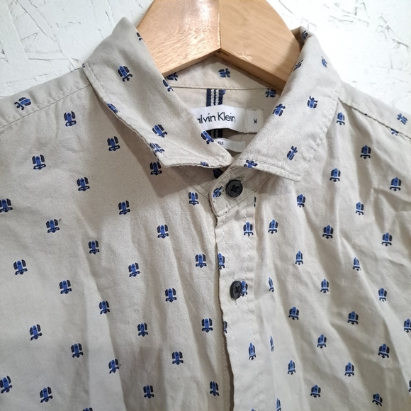 Calvin Klein | Beige & blue patterned men's button up dress shirt slim fit - Picture 3 of 9